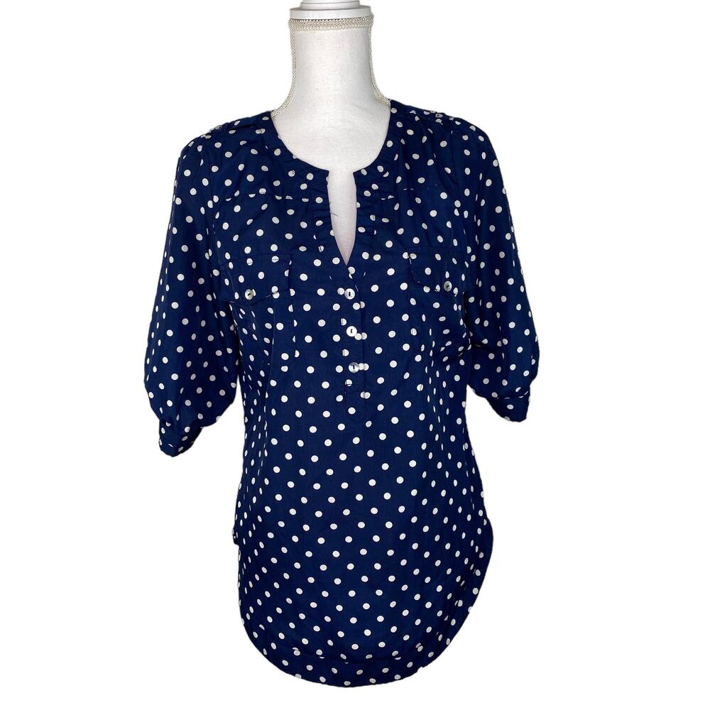41 Hawthorn Stitch Fix Blue Polka Dot Popover Top‎ Size M 3/4 Sleeve